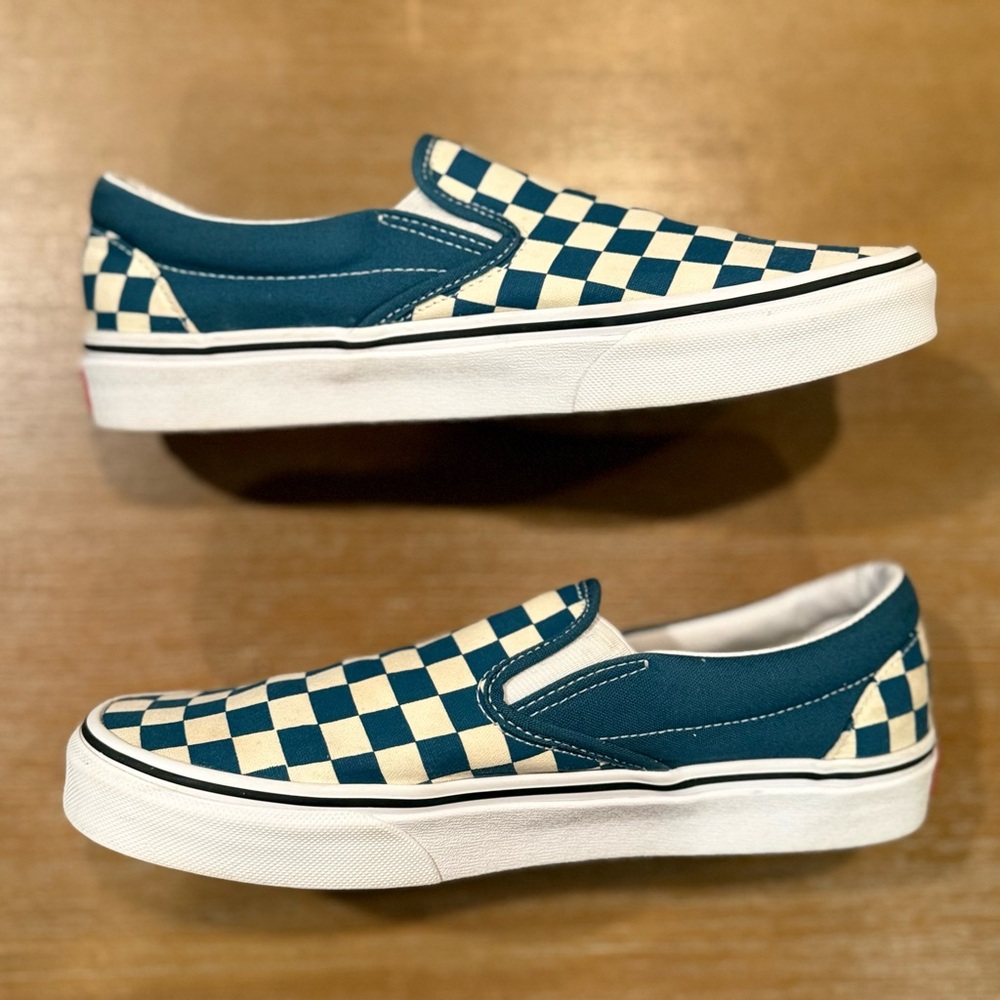 Vans Classic Slip-On Checkerboard Teal Blue Cream White Skater Sz M 7.5 / W 9 - Picture 8 of 10